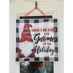 Black White buffalo check plaid theres no place like gnome for the holidays sign
